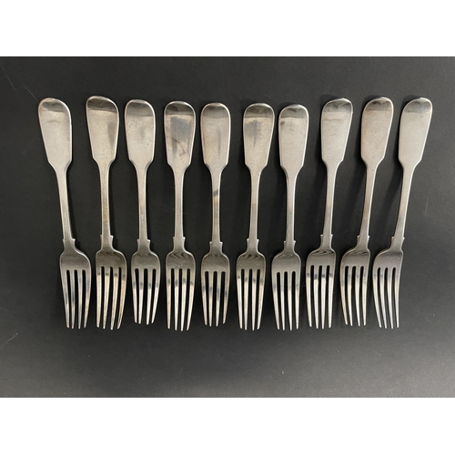 141 - Set of ten antique William IV and Victorian hallmarked sterling silver dinner forks, initial & crest... 