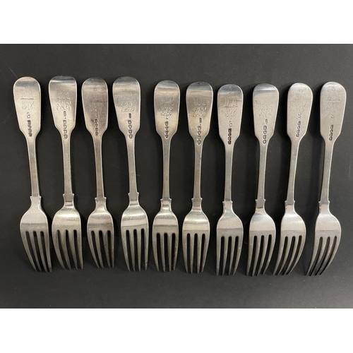 141 - Set of ten antique William IV and Victorian hallmarked sterling silver dinner forks, initial & crest... 