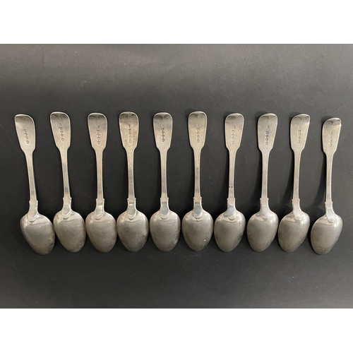 144 - Set of ten antique hallmarked sterling silver spoons, marked for London 1830 fiddle pattern, all wit... 