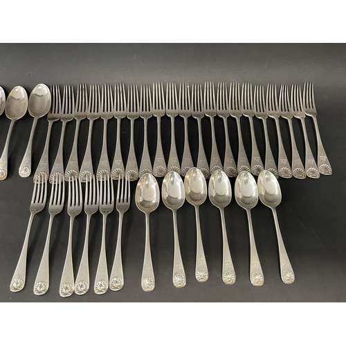 151 - Part antique English sterling silver flatware service, comprising 6 soup spoons, 6 entree spoons, 20... 