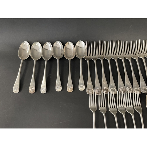 151 - Part antique English sterling silver flatware service, comprising 6 soup spoons, 6 entree spoons, 20... 