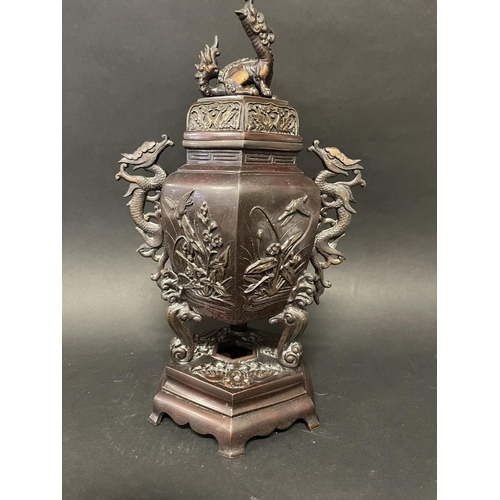 158 - Antique Japanese bronze lidded censer, of hexagonal shape, cast in relief with various water birds a... 
