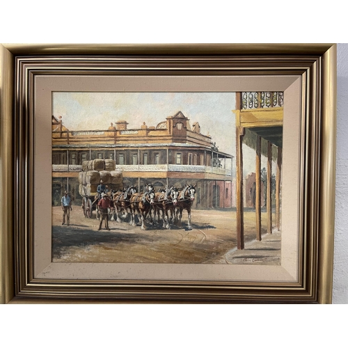 192 - John Cornwall (Australian) Taking the team through the town, oil on board, signed lower right, appro... 