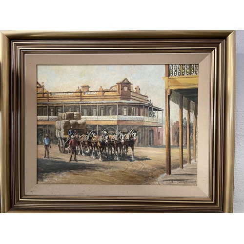 192 - John Cornwall (Australian) Taking the team through the town, oil on board, signed lower right, appro... 