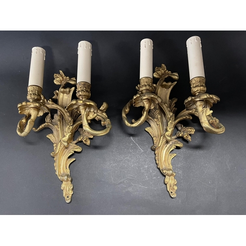220 - Pair of French cast brass Leaf and C scroll two light appliques, approx 36cm H (2)