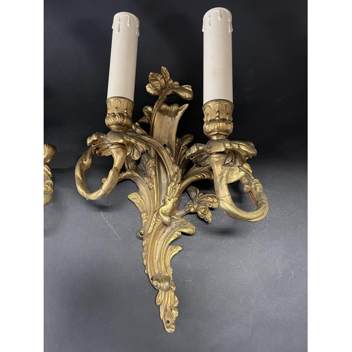220 - Pair of French cast brass Leaf and C scroll two light appliques, approx 36cm H (2)