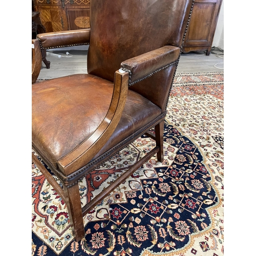 225 - Antique English Gainsborough Mahogany armchair with brown patinated leather upholstery. Good conditi... 