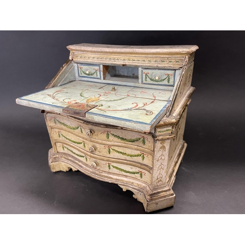 247 - Very rare antique early 19th century Florentine hand painted miniature bureau, serpentine shaped fro... 