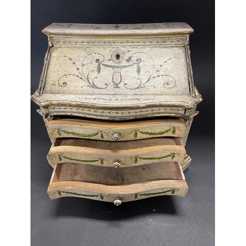 247 - Very rare antique early 19th century Florentine hand painted miniature bureau, serpentine shaped fro... 