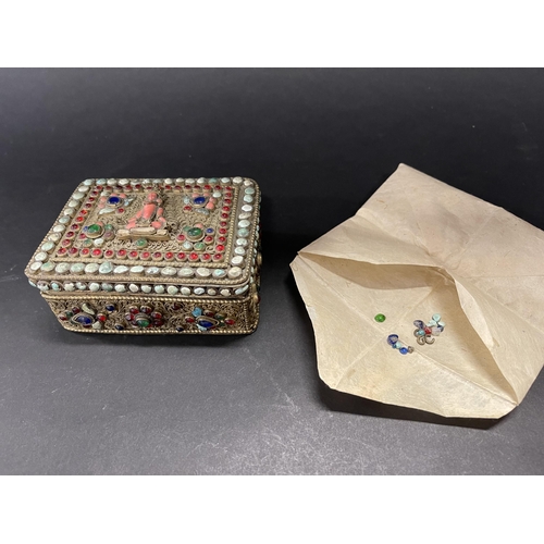 257 - Tibetan semi precious stone mounted filigree silver box, unmarked, approx 10.5 cm x 8.5 cm depth, 4.... 