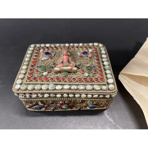 257 - Tibetan semi precious stone mounted filigree silver box, unmarked, approx 10.5 cm x 8.5 cm depth, 4.... 