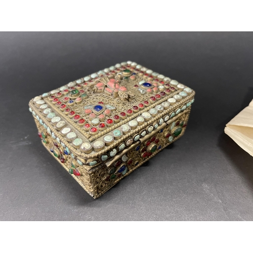 257 - Tibetan semi precious stone mounted filigree silver box, unmarked, approx 10.5 cm x 8.5 cm depth, 4.... 