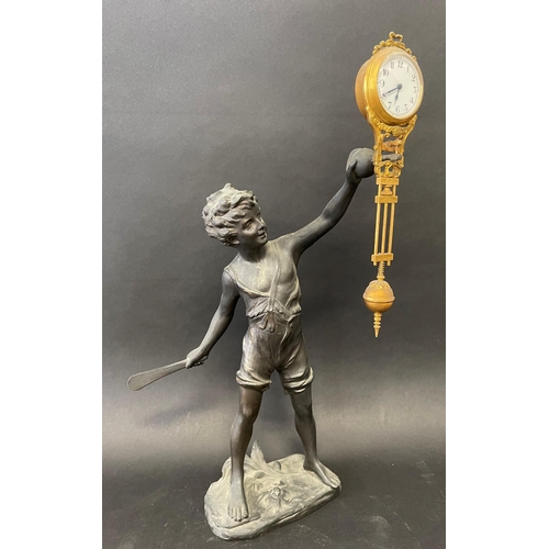 26 - Antique boy and bat mystery swing clock, approx 44cm H