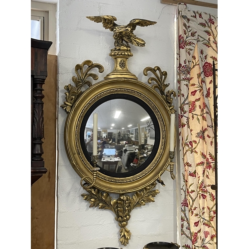 1 - Antique English Regency girandole convex mirror, surmounted with a eagle to the crest &  acanthus le... 