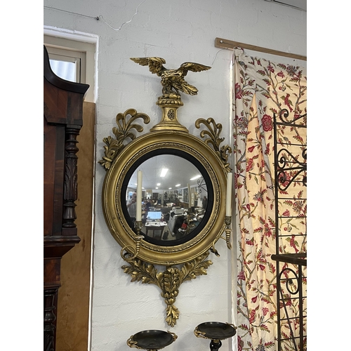 1 - Antique English Regency girandole convex mirror, surmounted with a eagle to the crest &  acanthus le... 