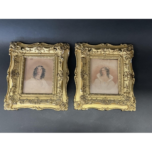 11 - Fine pair of antique English portrait miniatures of young ladies with curled hair, watercolour on pa... 