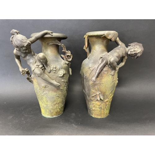 12 - After Auguste Louis Mathurin Moreau (1834-1917) France, bronzed spelter figural vases, signed at bas... 