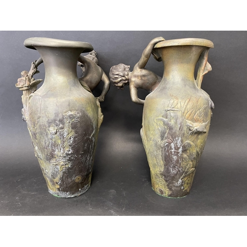 12 - After Auguste Louis Mathurin Moreau (1834-1917) France, bronzed spelter figural vases, signed at bas... 