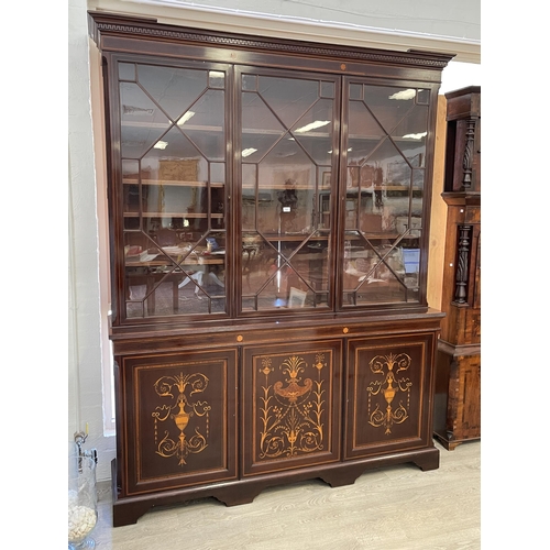 18 - Fine antique Maple & Co of London inlaid Sheraton revival three door bookcase, approx 184 cm long x ... 