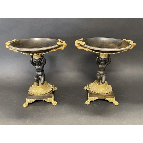 3 - Fine pair of figural bronze and ormolu comports, each with entwined serpent handles, approx 24.5 cm ... 