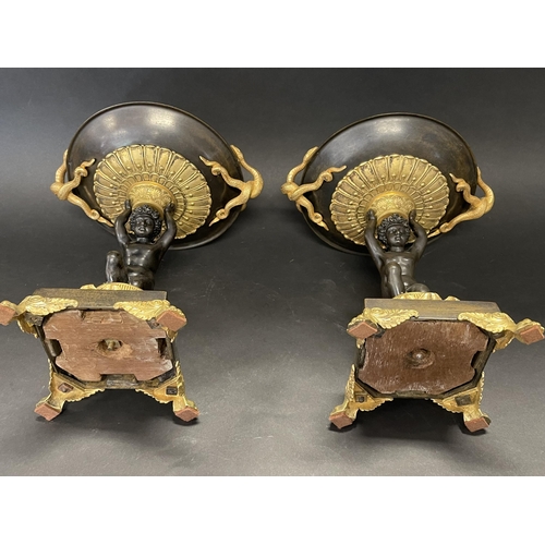 3 - Fine pair of figural bronze and ormolu comports, each with entwined serpent handles, approx 24.5 cm ... 