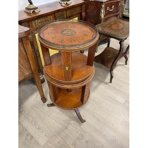 6 - Fine antique satinwood revolving circular dumb waiter, hand painted with flowers and leaf chains & f... 