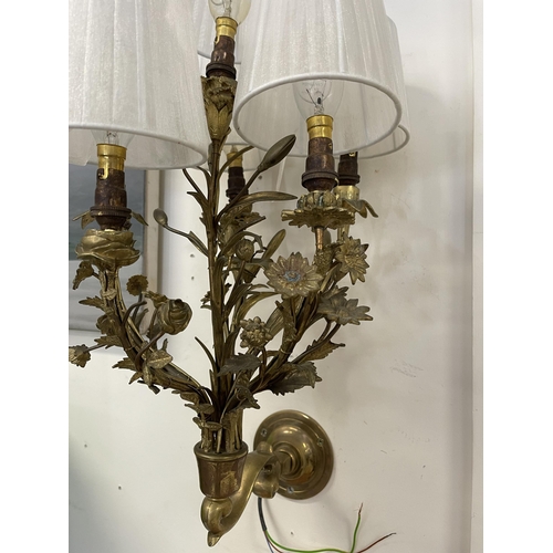 7 - Fine pair of brass flower head and branch five light appliques, angular wall mounted, each approx 51... 