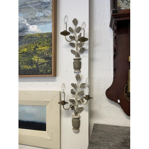 8 - Pair of painted split turned column vine and leaf two light appliques, each approx 48.5cm L (2)