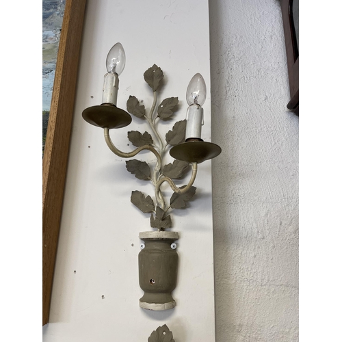 8 - Pair of painted split turned column vine and leaf two light appliques, each approx 48.5cm L (2)