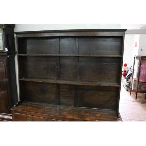 80 - Antique English 18th century revival oak pot board dresser, fitted with three drawers, with turned b... 