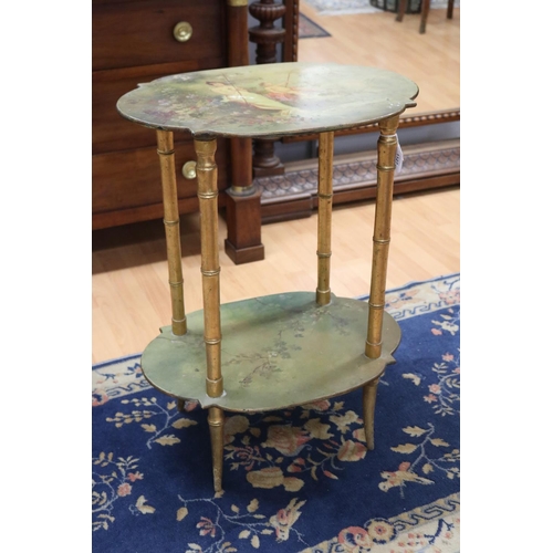 107 - Antique French painted tiered stand, approx 70cm H x 52cm W x 37cm D