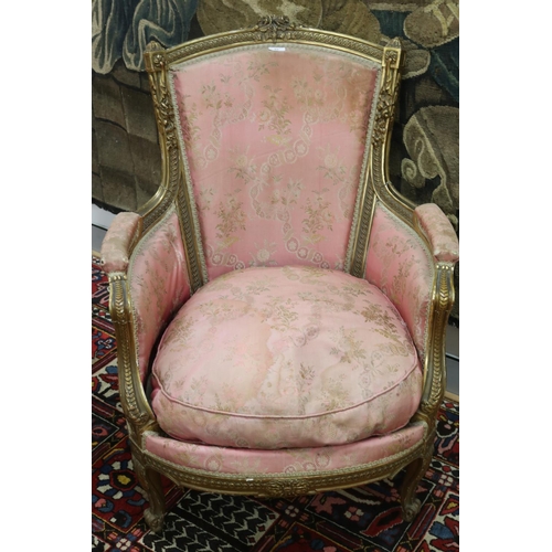 116 - Antique early 19th century French Louis XV style gilt frame armchair, approx 98cm H x 75cm W x 53cm ... 