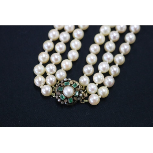 1121 - Triple row necklace of forty five, forty seven, and fifty one cultured pearls (one hundred and forty... 