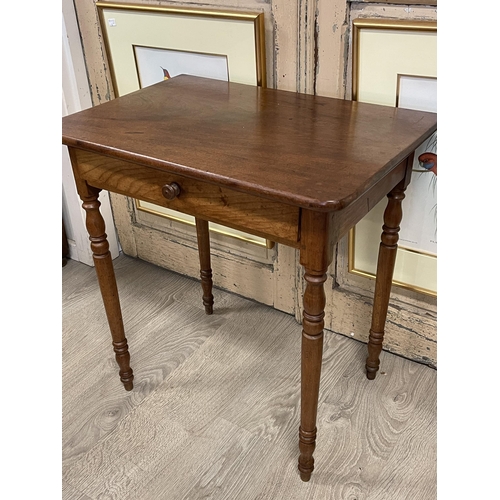 105 - Antique French petit turned leg country table, with single long drawer, approx 68cm H x 65.5cm W x 4... 