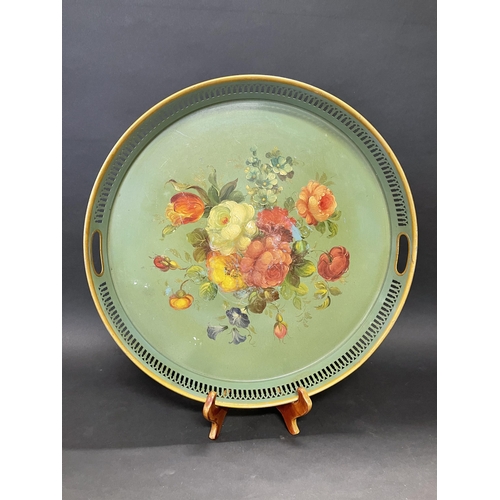 183 - Antique French circular hand painted service tray, pierced rim with carry handle cut outs, approx 45... 