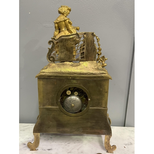 87 - Antique early 19th century French ormolu figural clock, silk suspension movement, approx 44 cm high