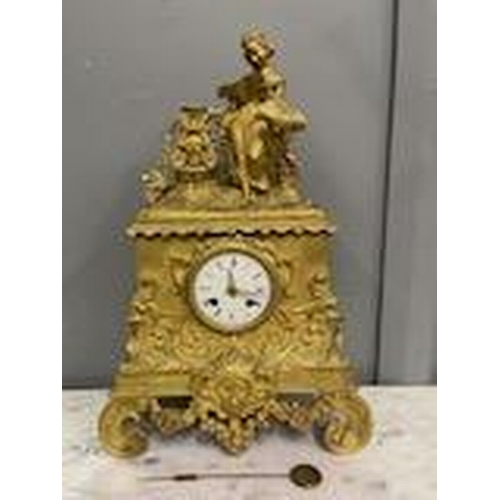 87 - Antique early 19th century French ormolu figural clock, silk suspension movement, approx 44 cm high