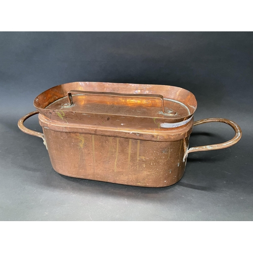 95 - Antique French copper twin handled pan, approx 52 cm long x 18 cm high