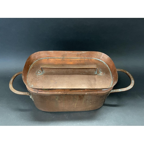 95 - Antique French copper twin handled pan, approx 52 cm long x 18 cm high