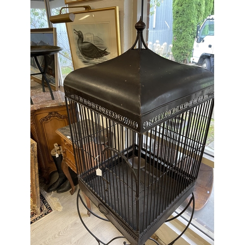 379 - Large dome topped square metal bird cage and stand, approx 176 cm high x 54 cm square