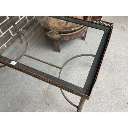 387 - Vintage brass framed glass inset topped coffee table, approx 76 cm long x 43 cm depth