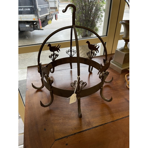 394 - Wrought iron circular hanging pot rack, with cut out doves, approx 35 cm