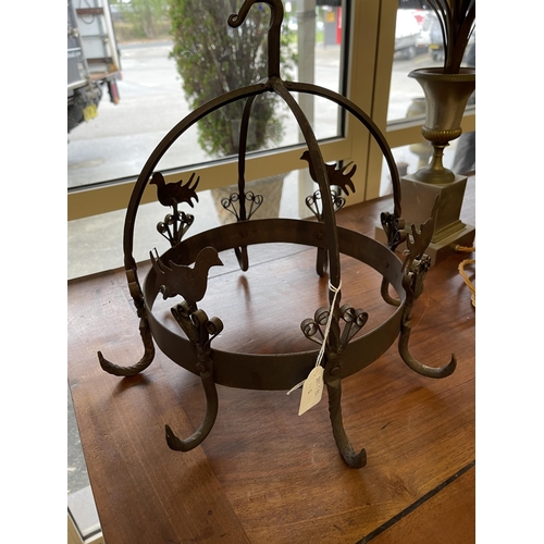 394 - Wrought iron circular hanging pot rack, with cut out doves, approx 35 cm