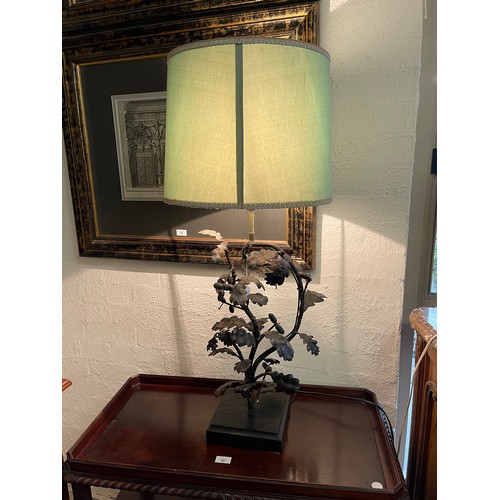 377 - Unusual metal oak leaf and branch lamp base, mounted to a square wooden base, approx 95cm H with sha... 