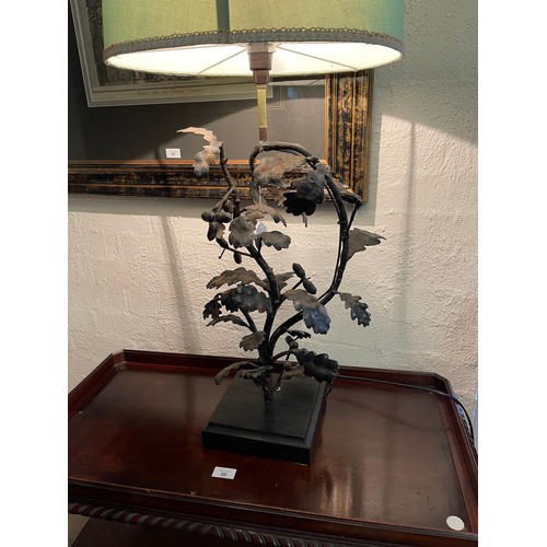 377 - Unusual metal oak leaf and branch lamp base, mounted to a square wooden base, approx 95cm H with sha... 