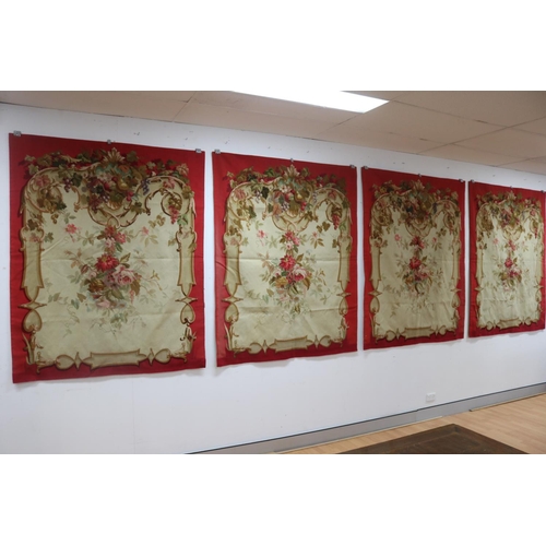Set of four French late 19th century Aubusson tapestry wall hangings, all of red ground with floral arrangement & fruit decoration, each approx 168cm x 136cm (4)