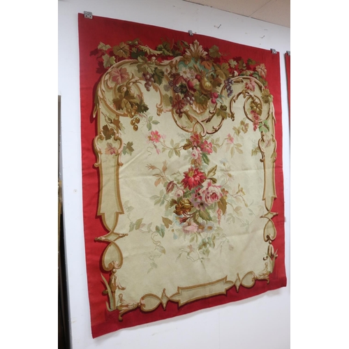 1204 - Set of four French late 19th century Aubusson tapestry wall hangings, all of red ground with floral ... 