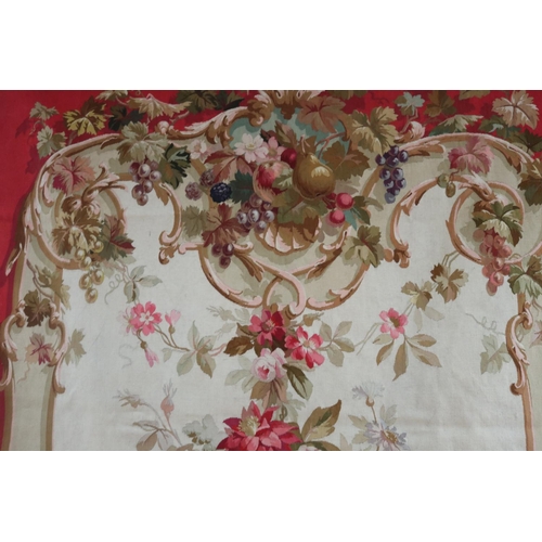 1204 - Set of four French late 19th century Aubusson tapestry wall hangings, all of red ground with floral ... 