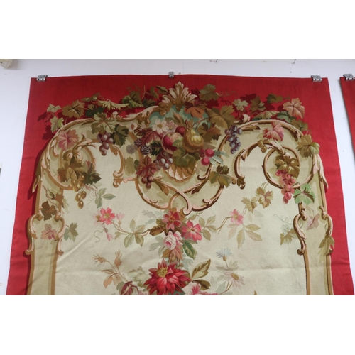 1204 - Set of four French late 19th century Aubusson tapestry wall hangings, all of red ground with floral ... 