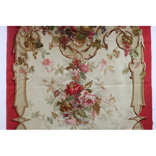 1204 - Set of four French late 19th century Aubusson tapestry wall hangings, all of red ground with floral ... 